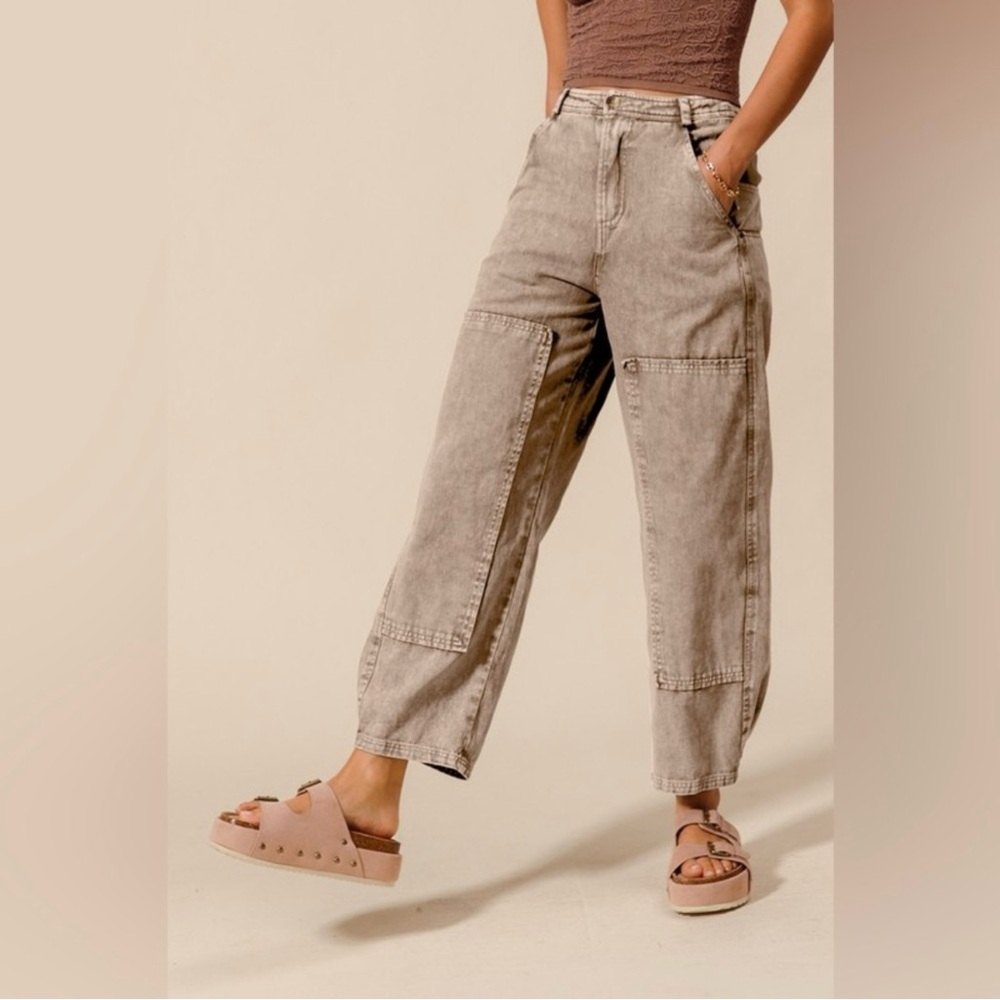 NEW - So Me Taupe Mineral Washed Barrel Jeans